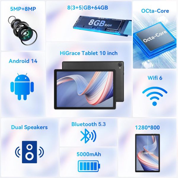Tablet 10 inch, Android 14 Tablet Octa-Core Processor with 64GB Storage, Dual 5MP+8MP Camera, WiFi 6, Bluetooth, TF 1TB, Long Battery Life, Performance Tablet (Black) - Image 2