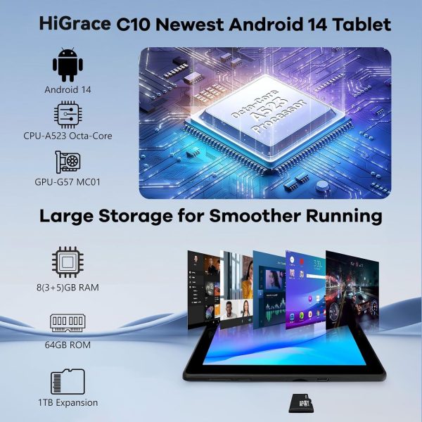 Tablet 10 inch, Android 14 Tablet Octa-Core Processor with 64GB Storage, Dual 5MP+8MP Camera, WiFi 6, Bluetooth, TF 1TB, Long Battery Life, Performance Tablet (Black) - Image 3